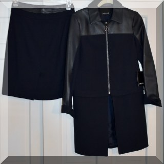 H08. Carlisle navy blue convertible length jacket with leather trim and matching skirt. New with tags.  Size 2. - $250